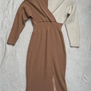 Missguided Brown and Cream Wrap Slit Dress